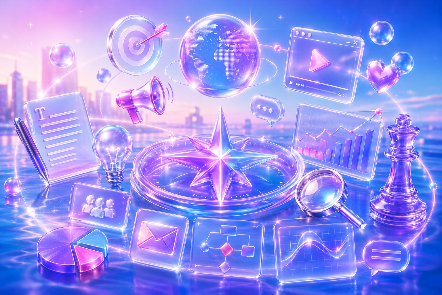 Glowing futuristic marketing strategy compass with content, analytics, audience, storytelling, and campaign system icons